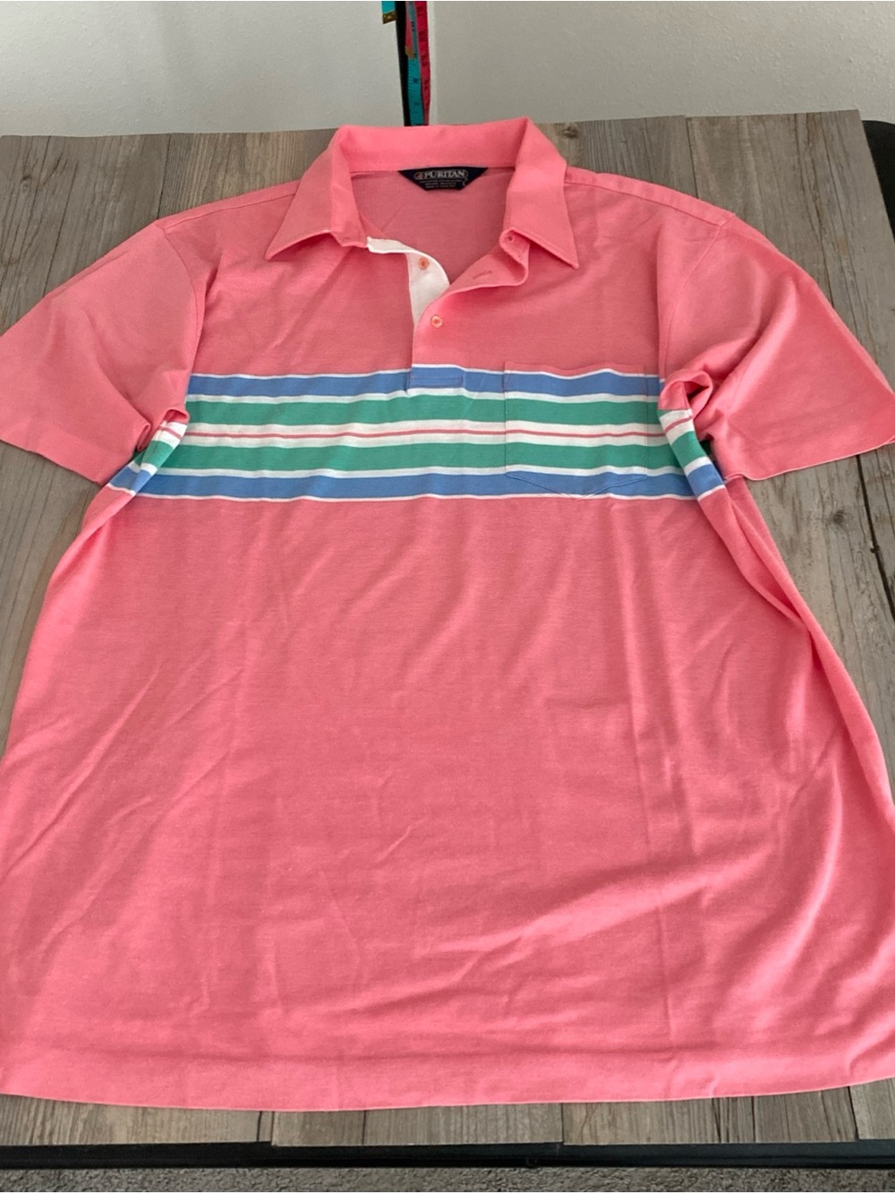 VTG Puritan Polo Shirt Men’s 3 Button Placket Pink Green Blue Large